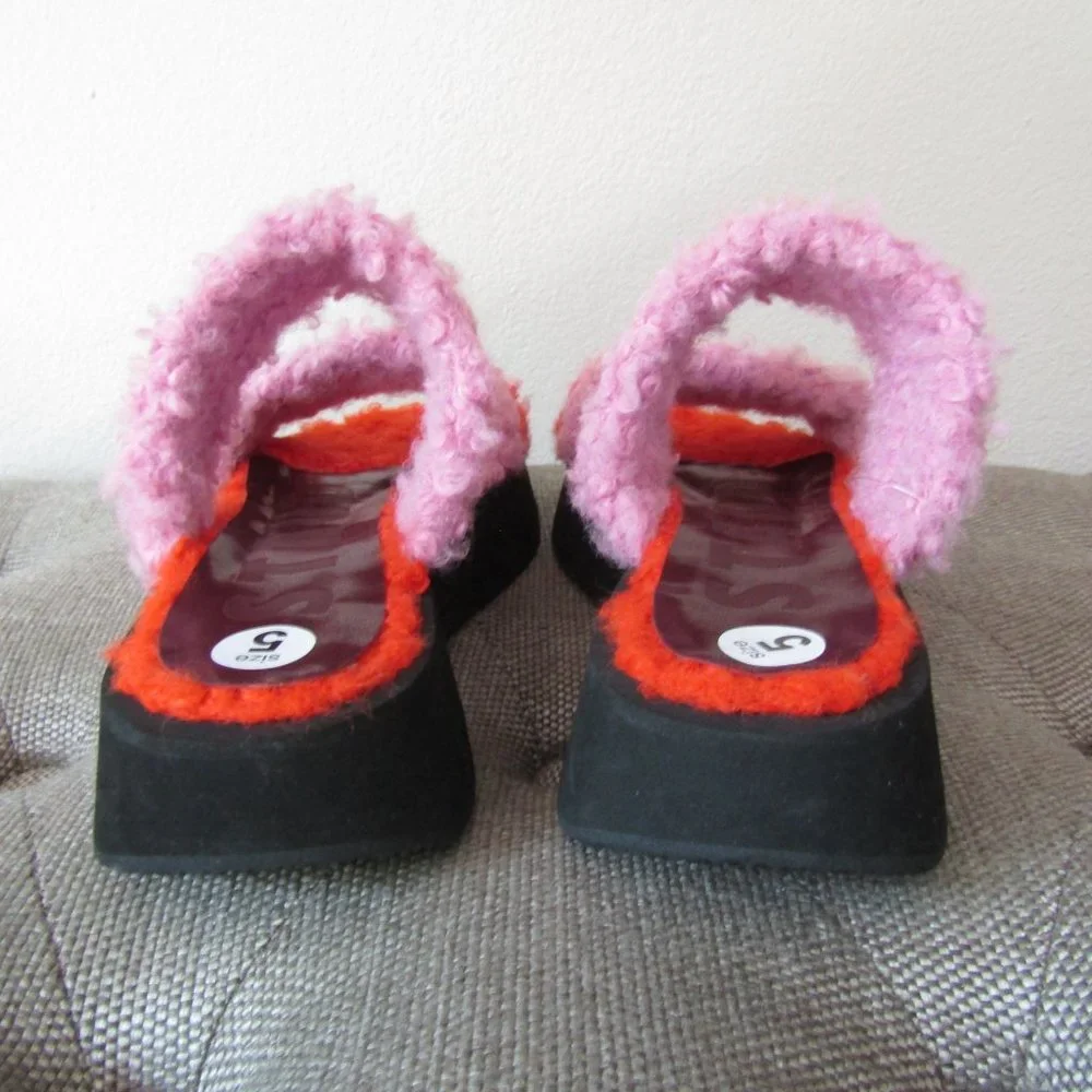 NWOT STAUD Pink and Orange Fuzzy Platform Slide Sandals